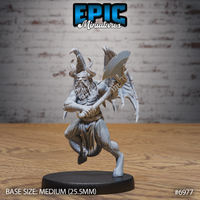 Winged cambion charging forward, gripping a large great axe in both hands, horned head crowned with a bird-skull headdress, bat-like wings spread behind it. Sculpt by Epic Miniatures.
