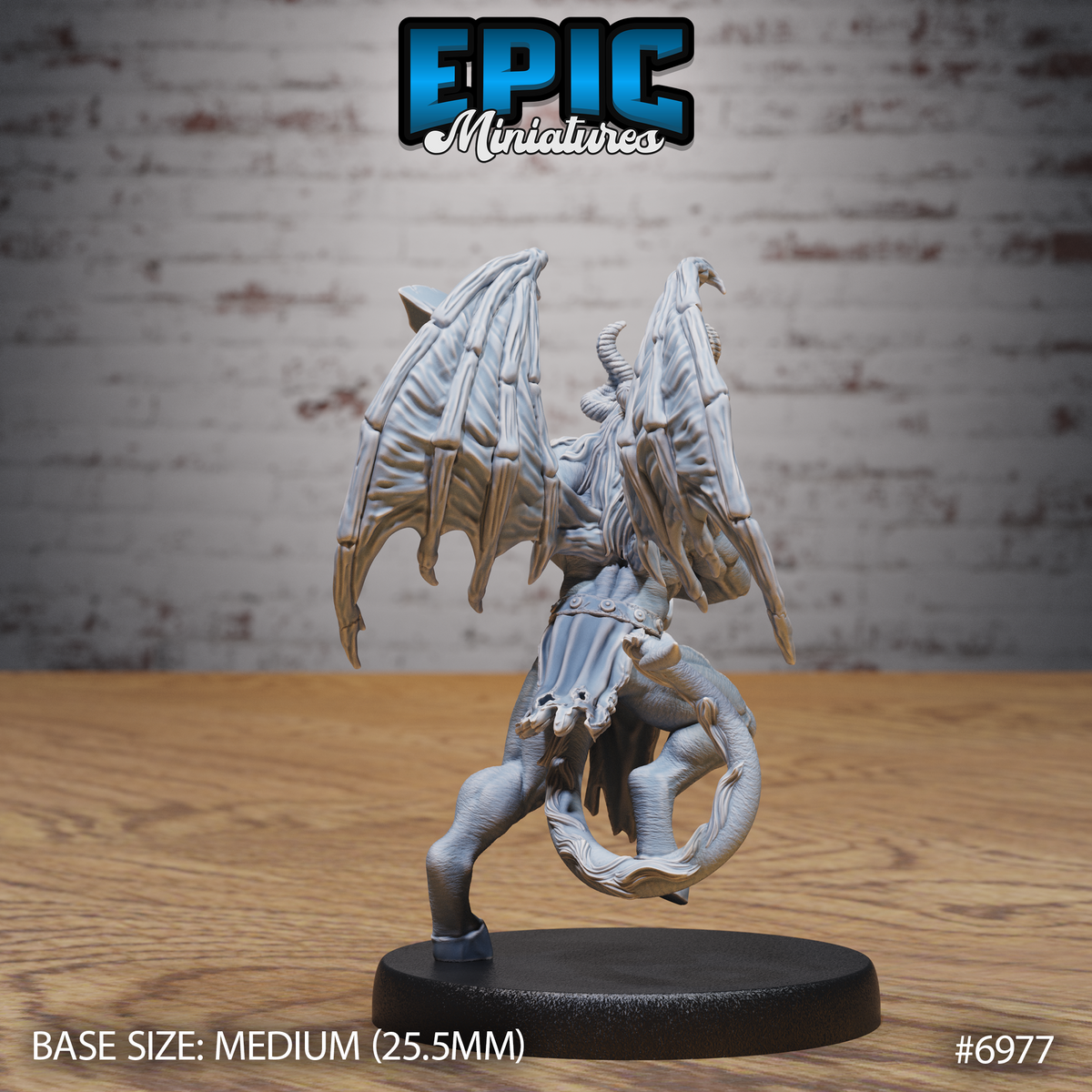 Cambion seen from behind, massive bat wings fully spread and raised, a coiled tail visible beneath tattered robes, clawed hands gripping a weapon. Sculpt by Epic Miniatures.
