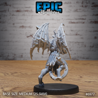 Cambion seen from behind, massive bat wings fully spread and raised, a coiled tail visible beneath tattered robes, clawed hands gripping a weapon. Sculpt by Epic Miniatures.