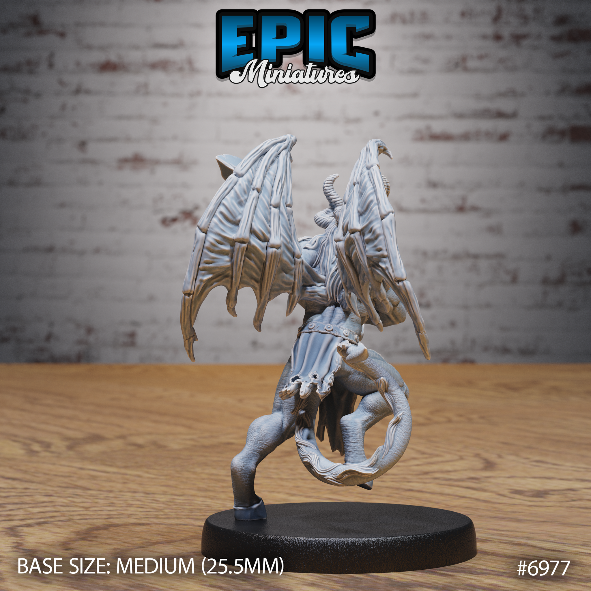 Cambion seen from behind, massive bat wings fully spread and raised, a coiled tail visible beneath tattered robes, clawed hands gripping a weapon. Sculpt by Epic Miniatures.