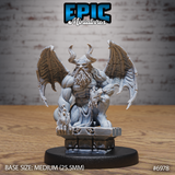 Winged cambion seated on a carved stone dais, wings spread wide, thick beard and horns, hellfire curling at hands and feet. Sculpt by Epic Miniatures.