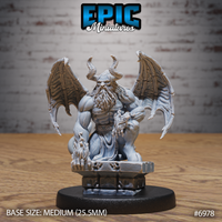 Winged cambion seated on a carved stone dais, wings spread wide, thick beard and horns, hellfire curling at hands and feet. Sculpt by Epic Miniatures.