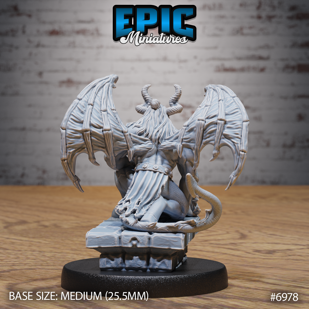 Cambion miniature seen from behind, large ribbed bat wings fully spread, coiled tail visible at lower right, long flowing hair, seated on carved stone plinth. Sculpt by Epic Miniatures.
