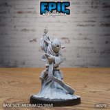 Robed cultist with one arm raised overhead, wearing a horned sun-disc mask, holding a curved blade, torso bound with rope, long frayed robes pooling at the base. Sculpt by Epic Miniatures.