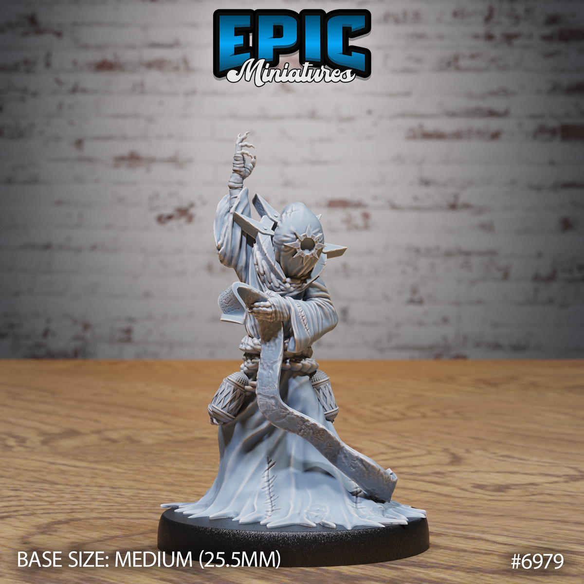 Robed cultist with one arm raised overhead, wearing a horned sun-disc mask, holding a curved blade, torso bound with rope, long frayed robes pooling at the base. Sculpt by Epic Miniatures.