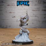 Robed cultist viewed from behind, arm thrust upward, horned mask visible above the shoulders, thick rope coiled around the waist, detailed fabric folds cascading to the base. Sculpt by Epic Miniatures.
