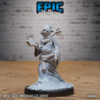 Masked, hooded cultist holding an open tome in one hand, wearing flowing robes with a thick braided rope belt and diamond-patterned lanterns. Star-shaped blank mask. Sculpt by Epic Miniatures.