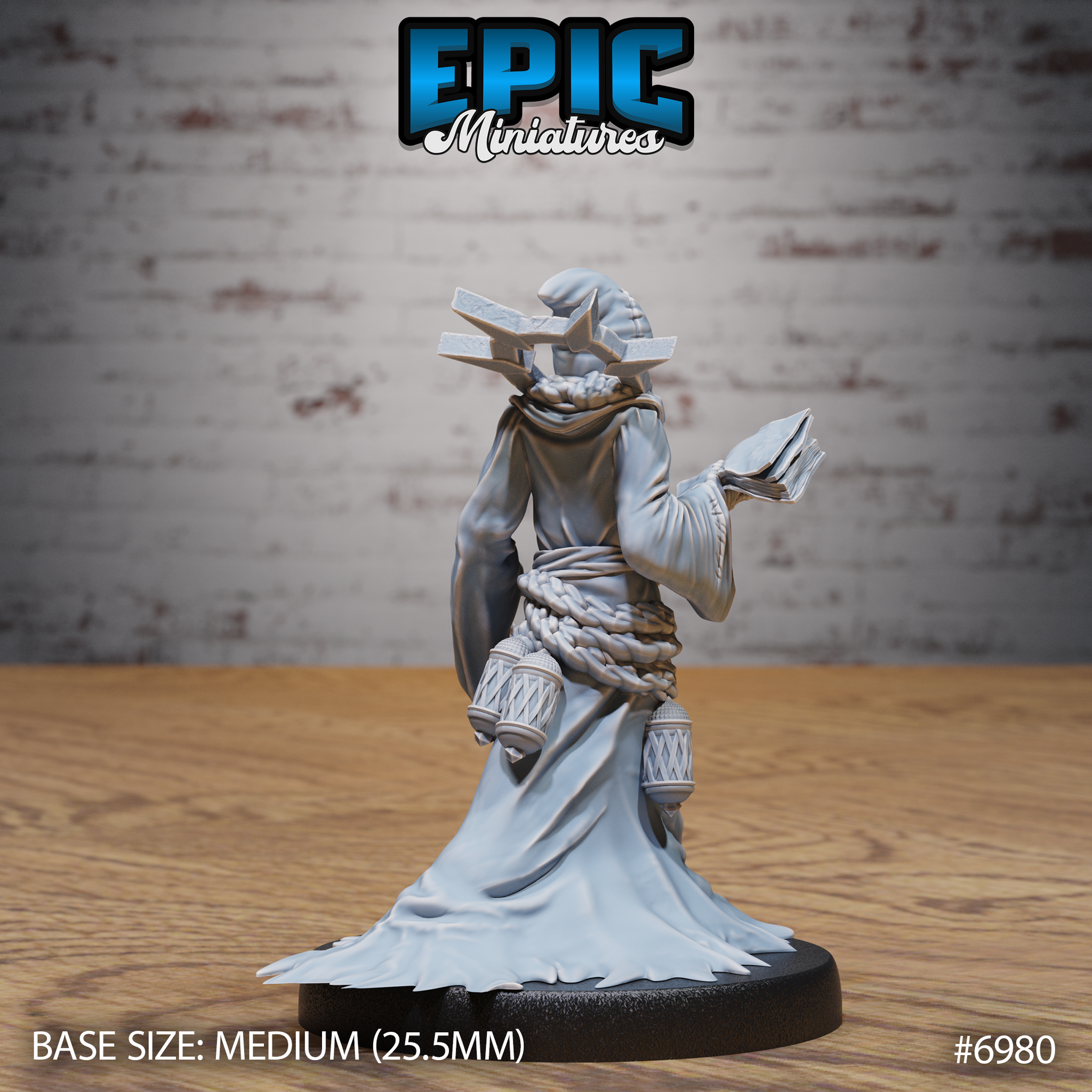 Robed cultist seen from behind, book held in raised hand, multiple lanterns hanging from a braided rope belt, scrolls or tablets protruding from the back. Ragged robe hem. Sculpt by Epic Miniatures.
