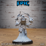 Cultist mage viewed from behind, showing a layered hooded robe, thick rope belt with two ornate latticed lanterns hanging from it, and energy tendrils spiralling outward above the outstretched arms beneath a wide-brimmed hat. Sculpt by Epic Miniatures.