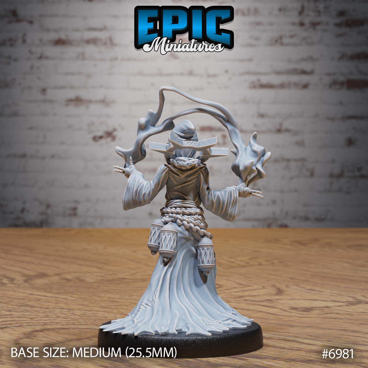 Cultist mage viewed from behind, showing a layered hooded robe, thick rope belt with two ornate latticed lanterns hanging from it, and energy tendrils spiralling outward above the outstretched arms beneath a wide-brimmed hat. Sculpt by Epic Miniatures.
