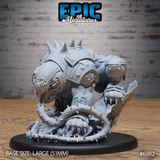Canoloth fiend miniature by Epic Miniatures — hunched armoured beast with spiked pauldrons, curled barbed tongue coiling at its feet, raised clawed hand, on a large oval scenic base. Sculpt by Epic Miniatures.
