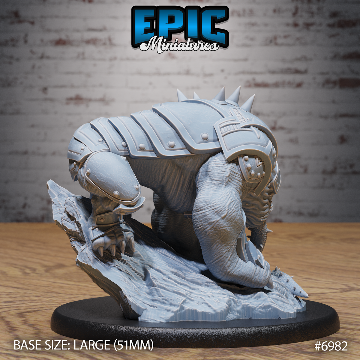 Canoloth fiend miniature by Epic Miniatures — viewed from behind and side, showing segmented plate armour across the back with bone spurs, heavy haunches, and clawed feet braced on a cracked ice or stone scenic base.