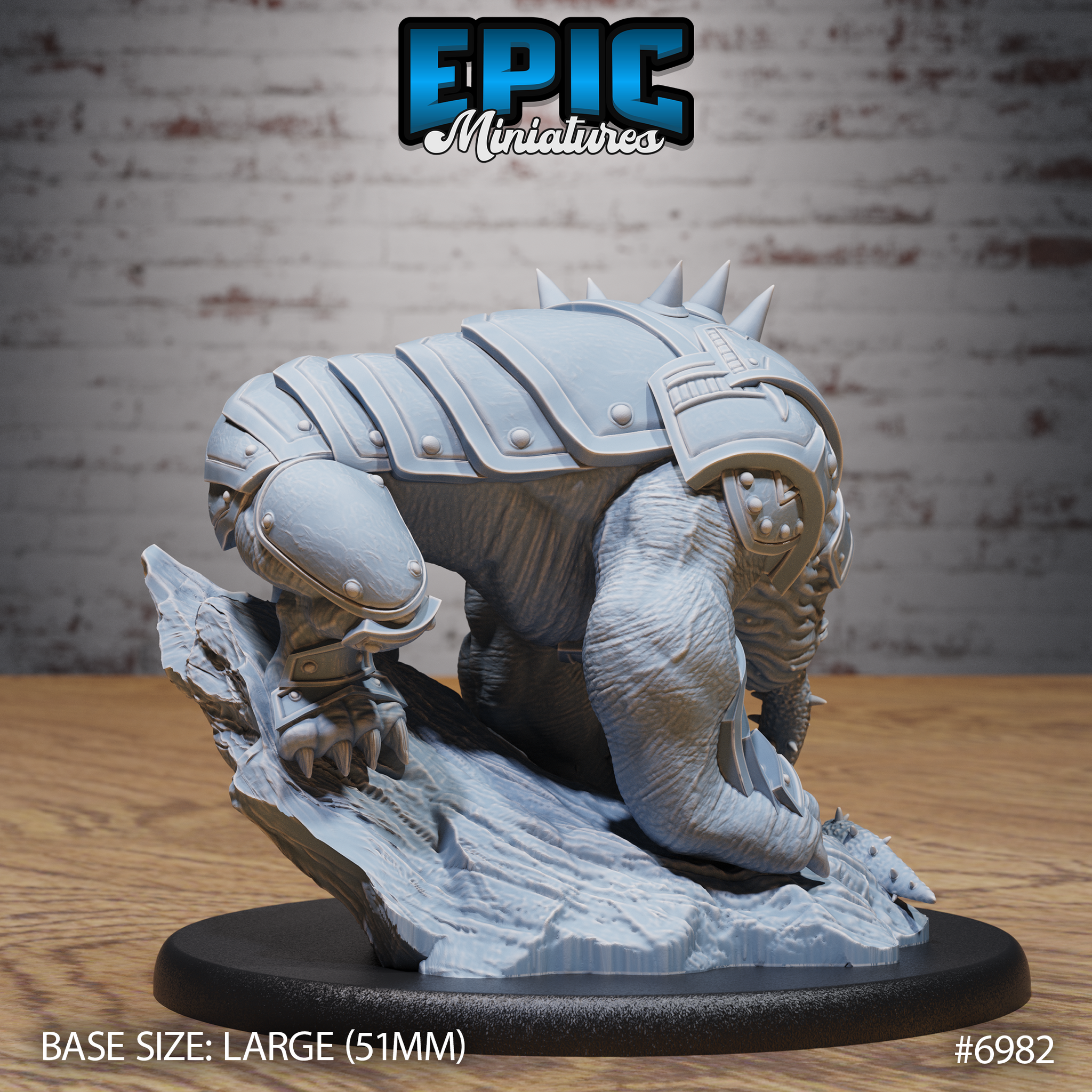 Canoloth fiend miniature by Epic Miniatures — viewed from behind and side, showing segmented plate armour across the back with bone spurs, heavy haunches, and clawed feet braced on a cracked ice or stone scenic base.