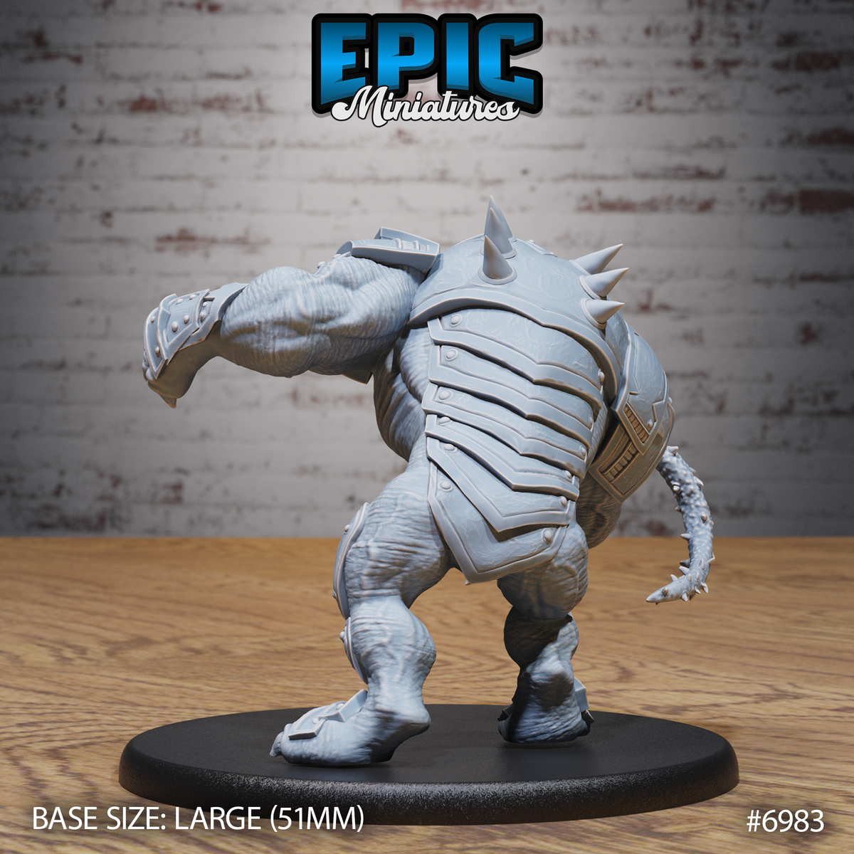 Canoloth fiend seen from behind, revealing layered dorsal armour fanning across the back with spines along the spine ridge and a barbed secondary tail curling downward, heavy pauldrons visible. Epic Miniatures sculpt.