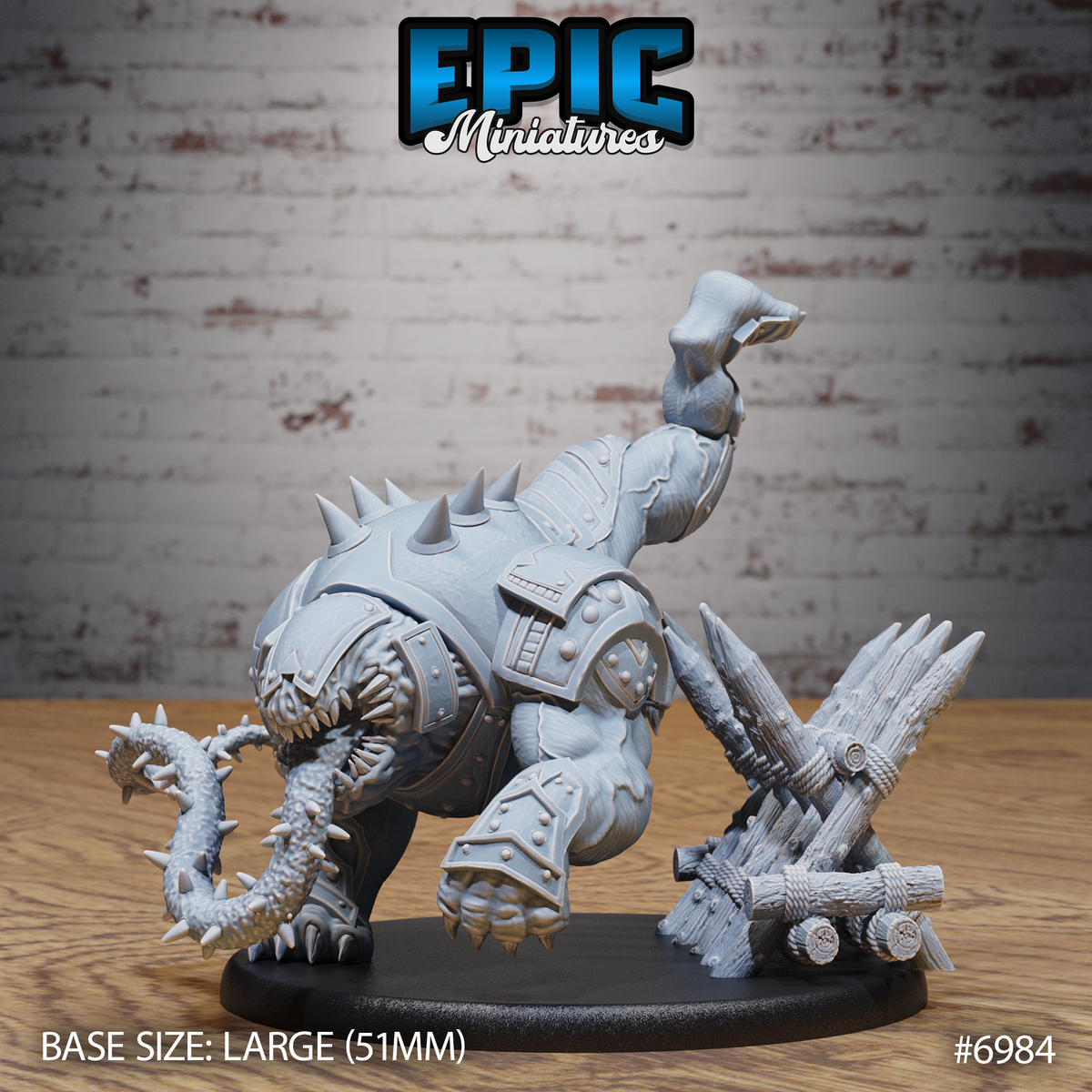 Armoured canoloth fiend lunging forward on all fours, jaws wide open, spiked serpentine tail curling left, heavy plate armour across shoulders and back, clawed arm raised mid-strike, on a lashed timber scatter base. Sculpt by Epic Miniatures.