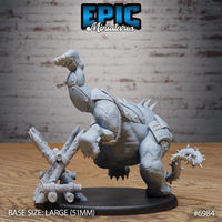 Canoloth fiend viewed from behind and left, showing spiked dorsal armour plates, raised arm with knuckle guards, muscular haunches, clawed feet, and spiked tail tip, alongside a bundle of lashed wooden stakes on the base. Sculpt by Epic Miniatures.