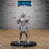 Horned tiefling barbarian standing upright, resting a short blade on one shoulder and gripping a hand axe at the hip, wearing studded leather kilt, bone-threaded chains across bare chest, and a barbed tail curling behind. Sculpt by Epic Miniatures.