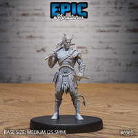 Horned tiefling barbarian standing upright, resting a short blade on one shoulder and gripping a hand axe at the hip, wearing studded leather kilt, bone-threaded chains across bare chest, and a barbed tail curling behind. Sculpt by Epic Miniatures.