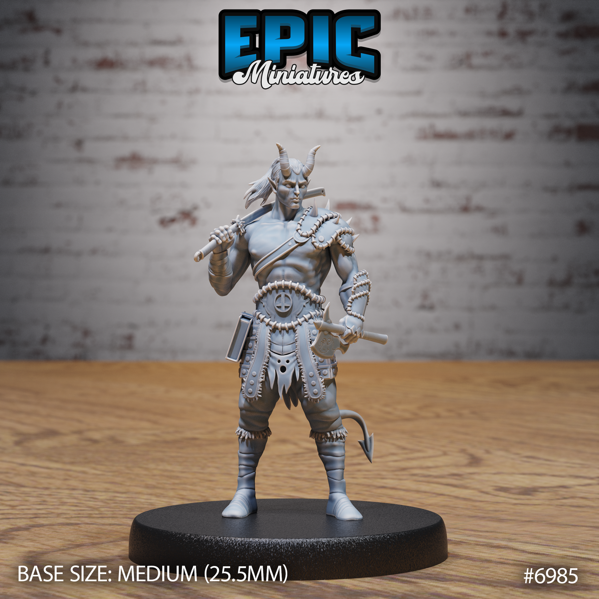 Horned tiefling barbarian standing upright, resting a short blade on one shoulder and gripping a hand axe at the hip, wearing studded leather kilt, bone-threaded chains across bare chest, and a barbed tail curling behind. Sculpt by Epic Miniatures.