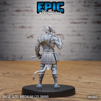 Tiefling barbarian seen from behind, revealing flowing hair, a spiked shoulder guard, studded leather kilt with riveted panels, and an arrowhead tail. A hand axe is gripped at the side. Sculpt by Epic Miniatures.