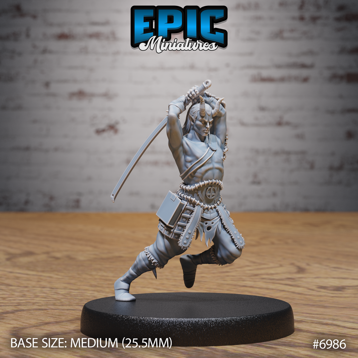 Tiefling barbarian lunging forward with a curved blade raised overhead in both hands, horns curving back, chains wound around forearms, wearing a chest wrap and studded waist plate. Sculpt by Epic Miniatures.