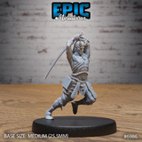 Tiefling barbarian lunging forward with a curved blade raised overhead in both hands, horns curving back, chains wound around forearms, wearing a chest wrap and studded waist plate. Sculpt by Epic Miniatures.