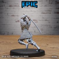 Tiefling barbarian seen from behind mid-lunge, blade extended overhead, long tail visible, scale-plate waist guard and thick chain coils around the torso and arms clearly detailed. Sculpt by Epic Miniatures.