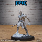 Horned tiefling barbarian advancing with a hand axe raised in his right hand and a short blade lowered in his left, wearing spiked chain-wrapped pauldrons, a scale-plated kilt, and studded leg armour. Rocky scenic base. Sculpt by Epic Miniatures.