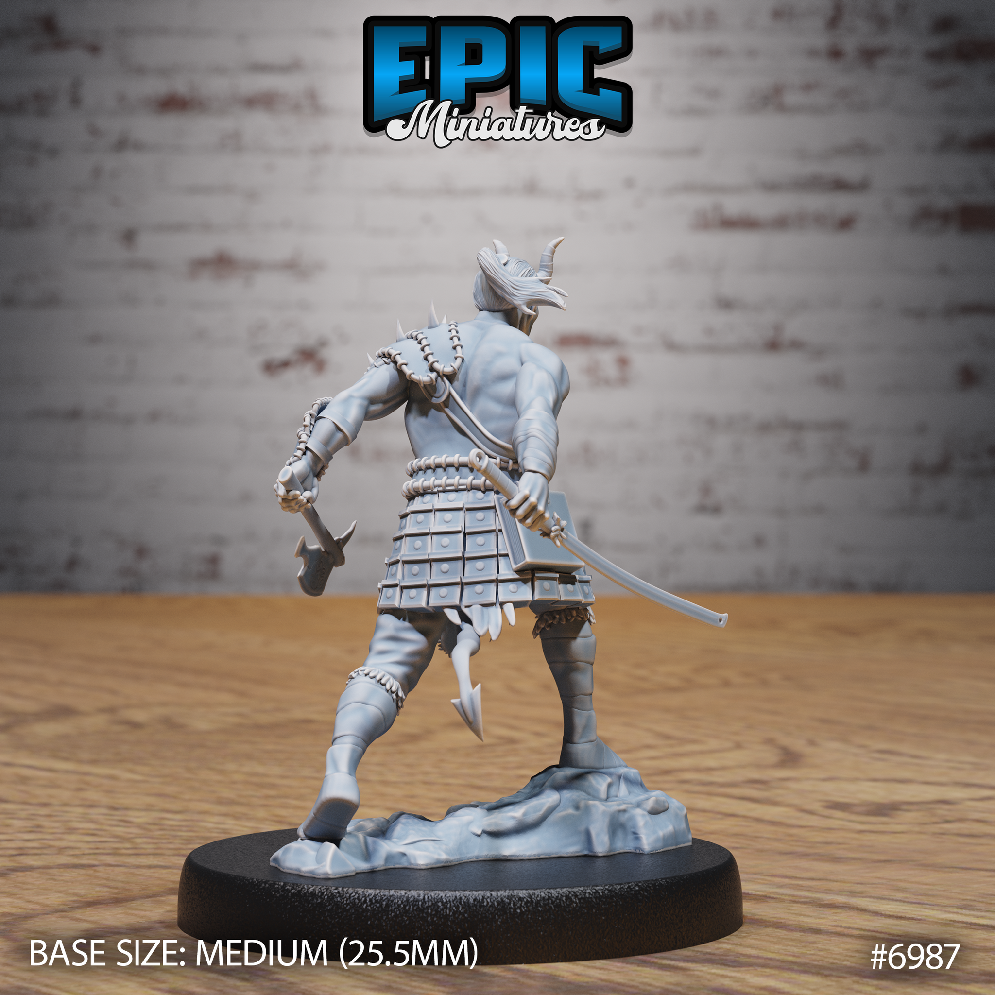 Tiefling barbarian seen from behind, long hair trailing, dual-wielding an axe and a blade, with spiked chain armour across his shoulders and a studded scale kilt at his waist. Rocky scenic base. Sculpt by Epic Miniatures.