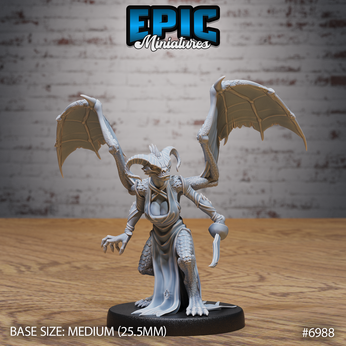 Winged draconic female figure standing upright, wings spread wide overhead, holding a short blade in one hand and reaching forward with clawed fingers, wearing a flowing open robe over scaled skin. Sculpt by Epic Miniatures.