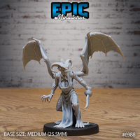 Winged draconic female figure standing upright, wings spread wide overhead, holding a short blade in one hand and reaching forward with clawed fingers, wearing a flowing open robe over scaled skin. Sculpt by Epic Miniatures.