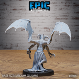 Draconic winged female figure seen from behind, curved horns visible above a scaled head, large bat-like wings raised high with ragged trailing edges, flowing robe falling to the base, clawed hand extended at her side. Sculpt by Epic Miniatures.