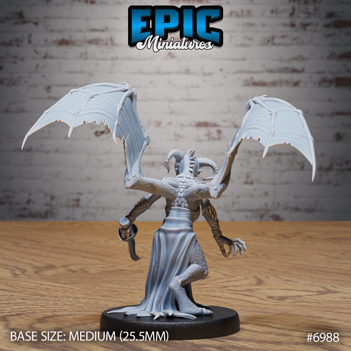 Draconic winged female figure seen from behind, curved horns visible above a scaled head, large bat-like wings raised high with ragged trailing edges, flowing robe falling to the base, clawed hand extended at her side. Sculpt by Epic Miniatures.