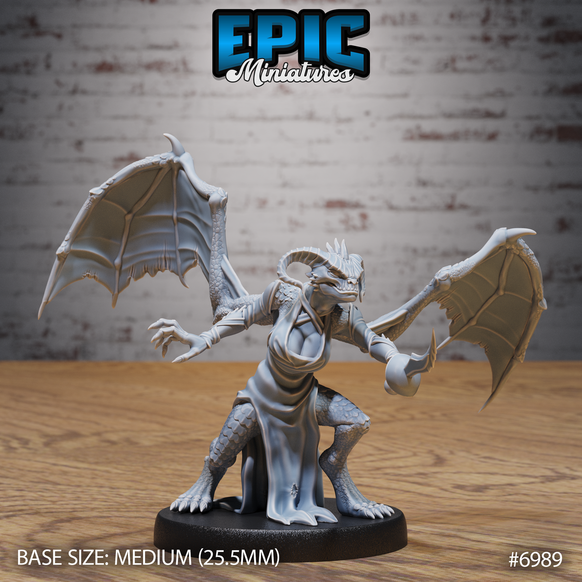 Winged draconic female figure lunging forward with both taloned hands outstretched, snarling open-jawed, wearing a draped robe over scaled limbs, large bat-like wings fully spread. Sculpt by Epic Miniatures.