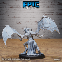 Draconic female figure viewed from behind, bat-like wings raised high and spread wide, scaled back and arms extended mid-lunge, horns swept back, flowing robe trailing beneath. Sculpt by Epic Miniatures.