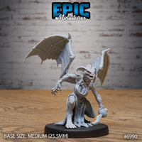 Winged female demon miniature crouching low, one clawed hand reaching forward, wide-mouthed roar with fangs bared, curved horns, bat wings fully spread. Sculpt by Epic Miniatures.