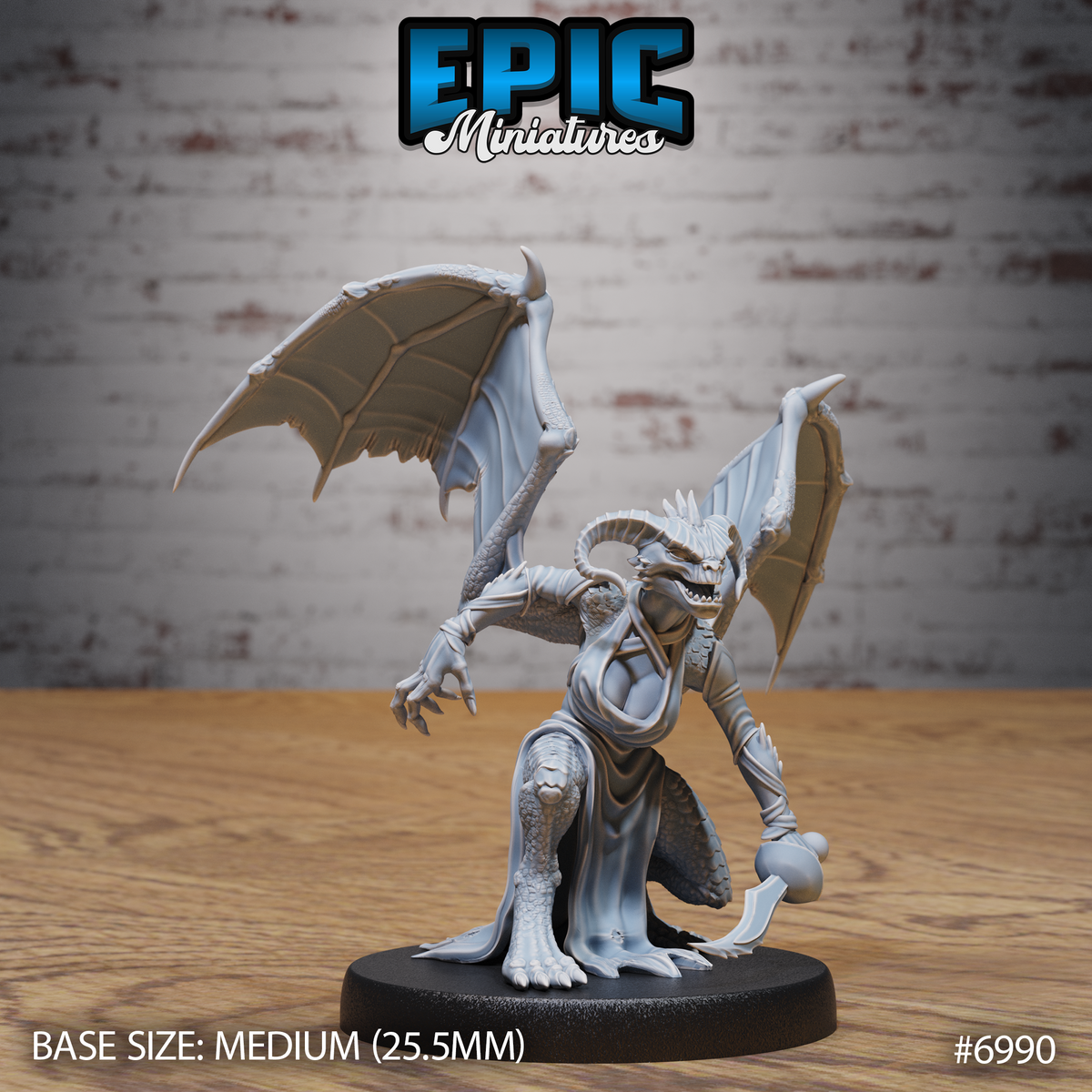 Winged female demon miniature crouching low, one clawed hand reaching forward, wide-mouthed roar with fangs bared, curved horns, bat wings fully spread. Sculpt by Epic Miniatures.