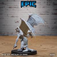 Rear-facing view of a winged female demon miniature, large bat wings raised high with bony spurs, scaled torso and limbs, tail visible, holding a bladed weapon low. Sculpt by Epic Miniatures.