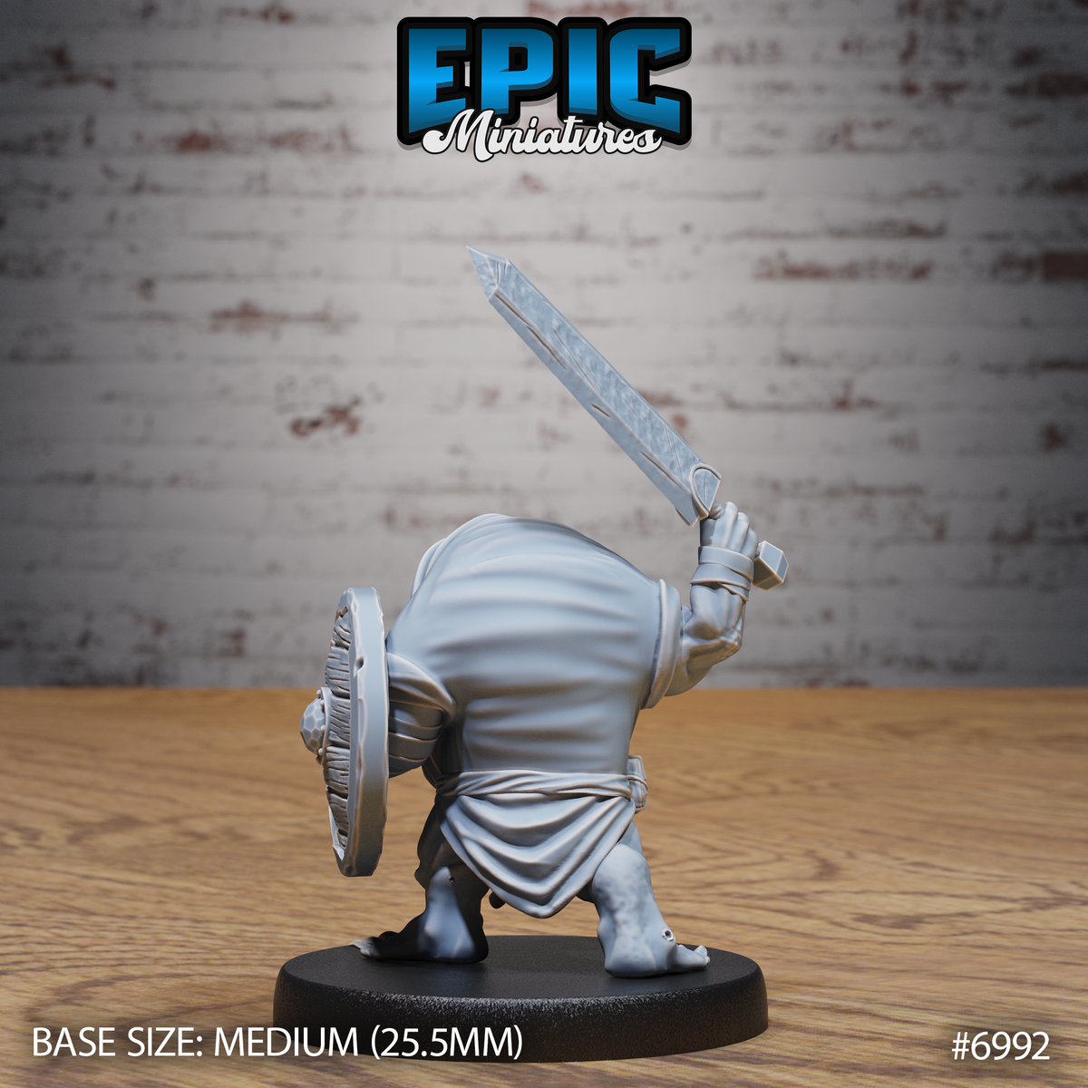 Darkling fiend from behind, hunched beneath a flowing hooded cloak with a heavy sword raised high and a round shield held low at its side, clawed feet gripping the base. Sculpt by Epic Miniatures.