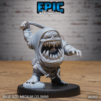 Squat robed creature with a massive gaping maw of jagged fangs, one arm raised overhead gripping a sling strap, clawed hand low, standing on a rocky sculpted base. Darkling Fiend Sling by Epic Miniatures.