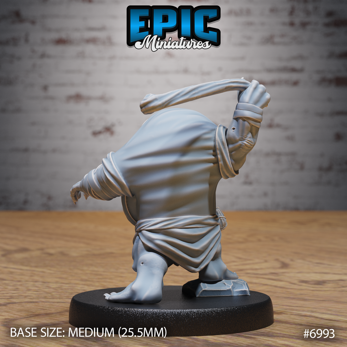 Robed creature seen from behind, heavy cloth folds draped across a round hunched back, one fist raised and gripping a sling strap, bare clawed feet on a rocky sculpted base. Darkling Fiend Sling by Epic Miniatures.