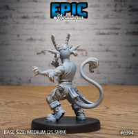 Tiefling goblin miniature seen from behind, revealing the full length of its curling lion tail, buckled boots, rope belt, and crown of twisted horns rising above bat-like ears. Sculpt by Epic Miniatures.