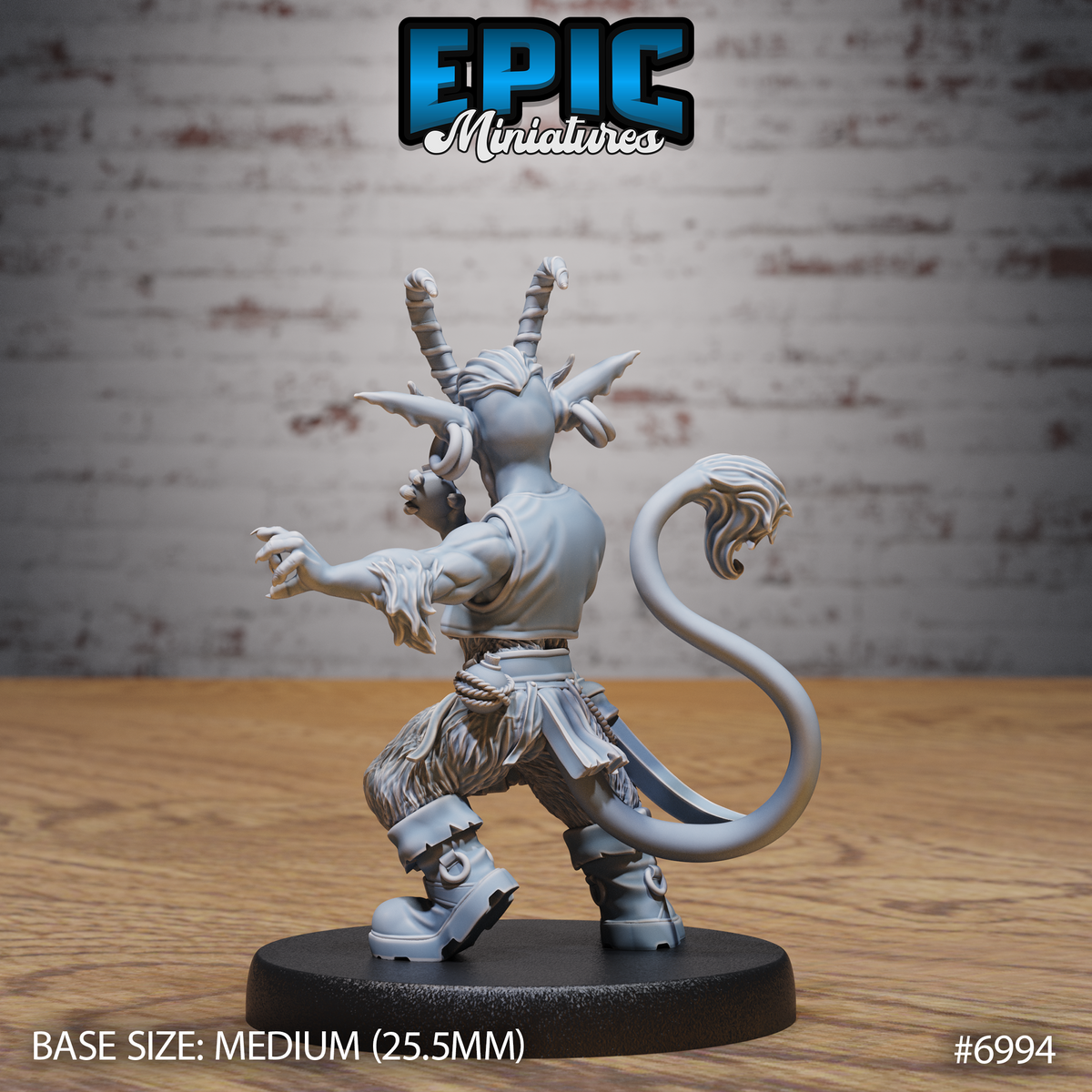 Tiefling goblin miniature seen from behind, revealing the full length of its curling lion tail, buckled boots, rope belt, and crown of twisted horns rising above bat-like ears. Sculpt by Epic Miniatures.