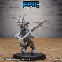 Snarling tiefling goblin with twin spiralling horns, arm extended holding a pistol, curved blade in the other hand, wearing a rope belt and layered rough garments. Sculpt by Epic Miniatures.