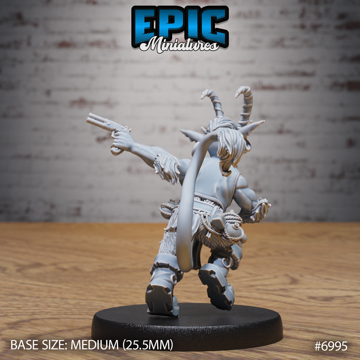 Tiefling goblin with wild hair and spiralling horns seen from behind, pistol arm raised and extended to one side, curved blade tucked under the opposite arm, heavy rope belt and boots visible. Sculpt by Epic Miniatures.