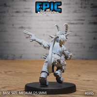 Tiefling goblin with wild hair and spiralling horns seen from behind, pistol arm raised and extended to one side, curved blade tucked under the opposite arm, heavy rope belt and boots visible. Sculpt by Epic Miniatures.