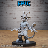 Snarling tiefling goblin with spiral ram horns and large pierced ears, holding two flintlock pistols wide at his sides, wearing a fur loincloth and heavy belt with powder flask. Sculpt by Epic Miniatures.