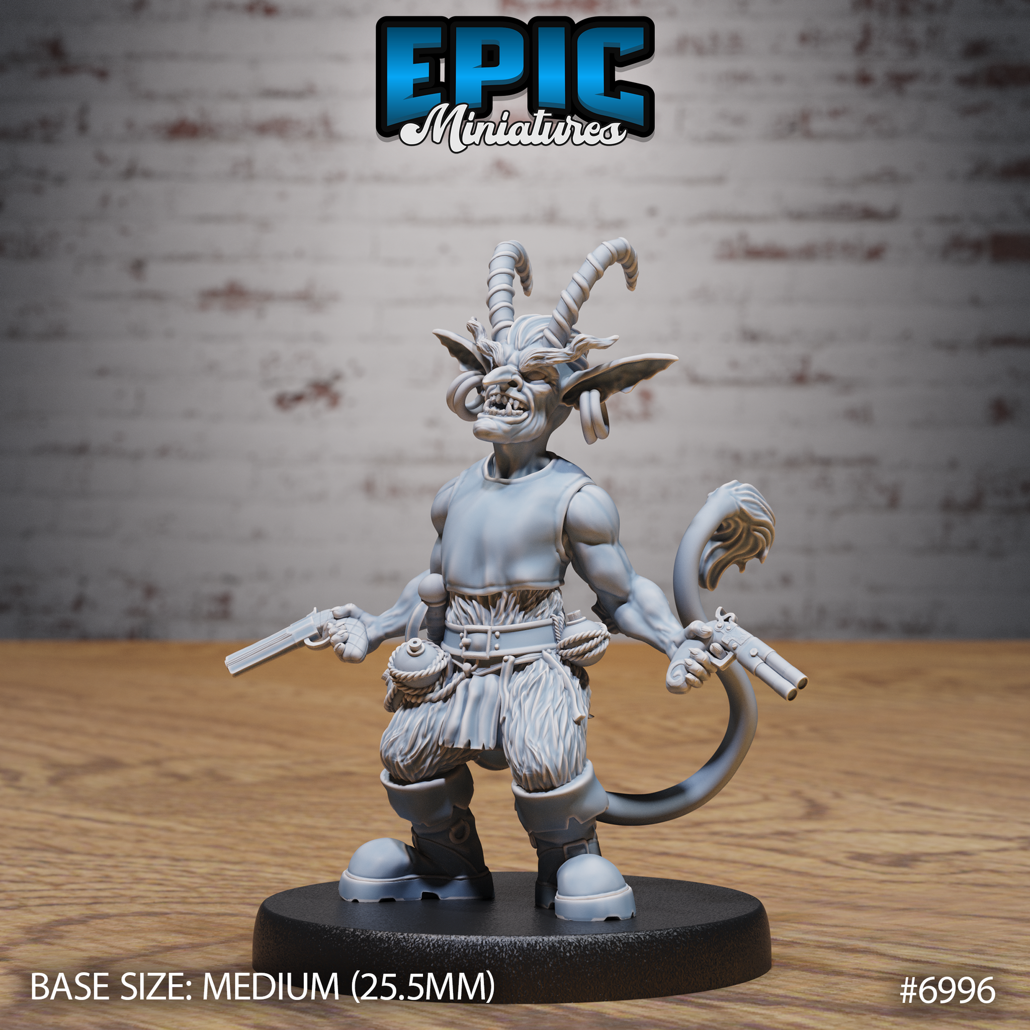 Snarling tiefling goblin with spiral ram horns and large pierced ears, holding two flintlock pistols wide at his sides, wearing a fur loincloth and heavy belt with powder flask. Sculpt by Epic Miniatures.