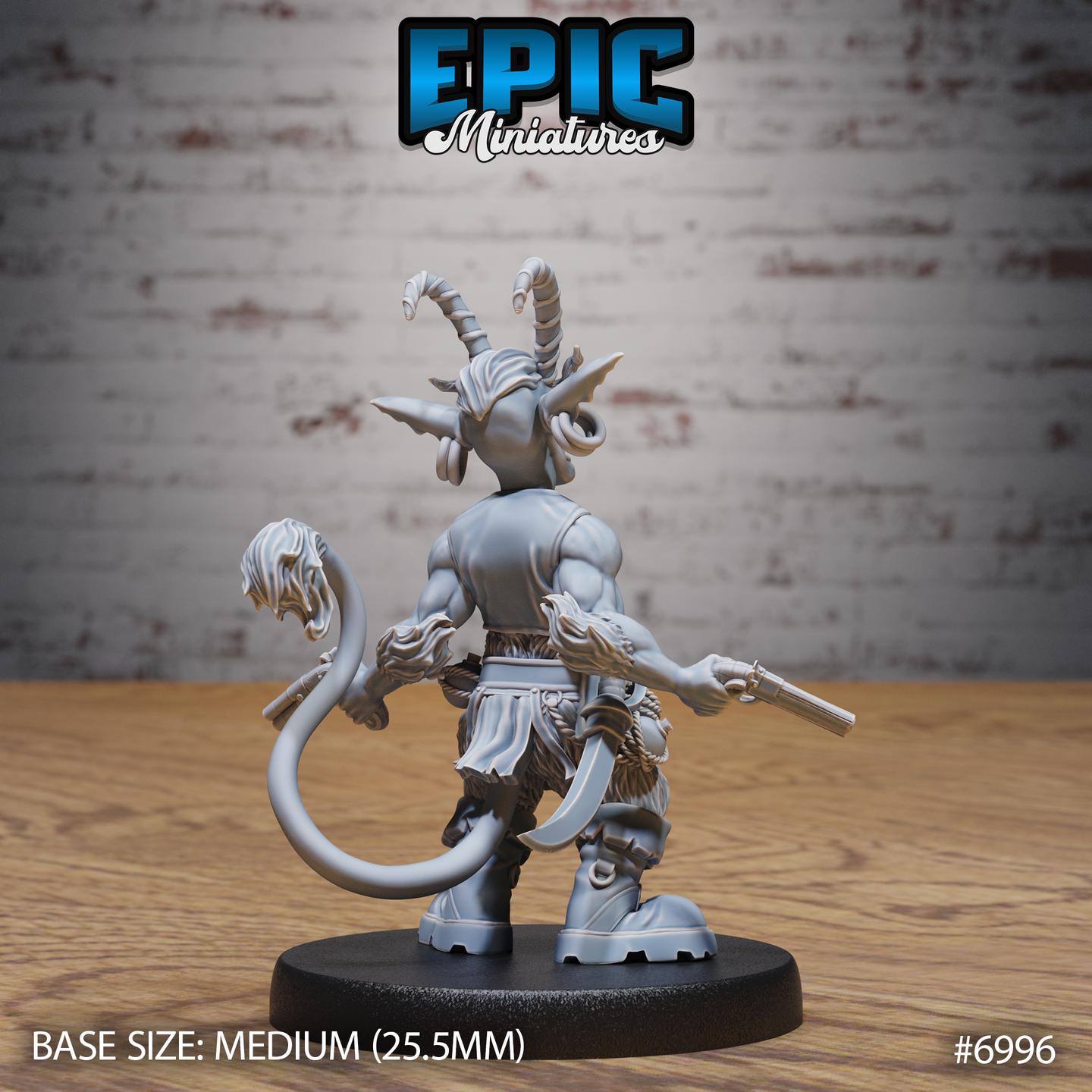 Tiefling goblin with spiral horns and a long leonine tail tipped with wild hair, seen from behind with a flintlock pistol held low and a broad-bladed knife at the hip. Sculpt by Epic Miniatures.
