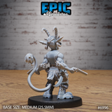 Tiefling goblin with spiral horns and a long leonine tail tipped with wild hair, seen from behind with a flintlock pistol held low and a broad-bladed knife at the hip. Sculpt by Epic Miniatures.
